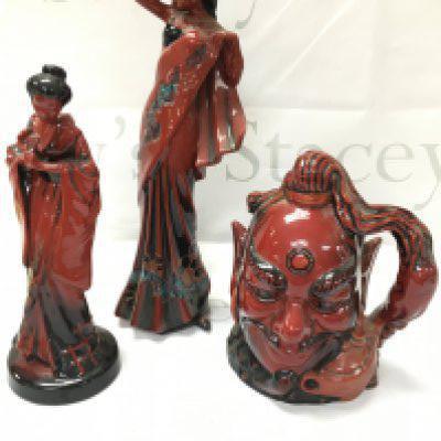 Royal Doulton Flambe porcelain figures including Eastern Grace, The Geisha and an Aladdins Genie character jug. No obvious damage or restoration This lot cannot be posted