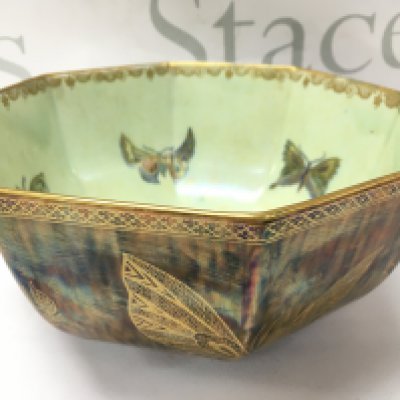 A Wedgwood porcelain bowl Fairyland Butterfly lustre hexagonal bowl 18cm wide, 8.5cm tall.