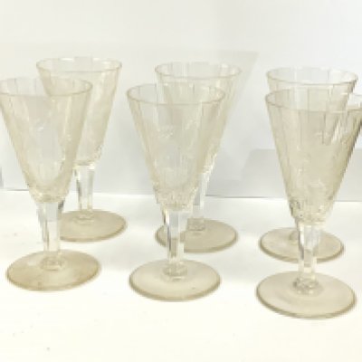 6 Webb-Corbett floral engraved fluted sherry glasses. (D)