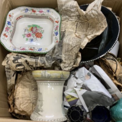 A large collection of various ceramics and glassware. (4 Boxes). (D) collection includes a selection of co[eland Spode Chinese Rose.