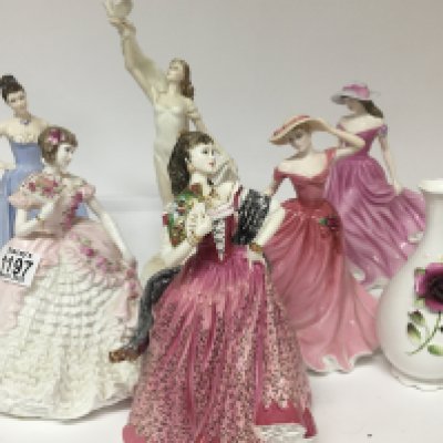 A collection of Worcester Doulton and Coalport porcelain figures of ladies and a pair of Coalport vases with raised flowers.