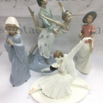 Three Nao figures plus a Coalport figural group (4). Shipping category D.