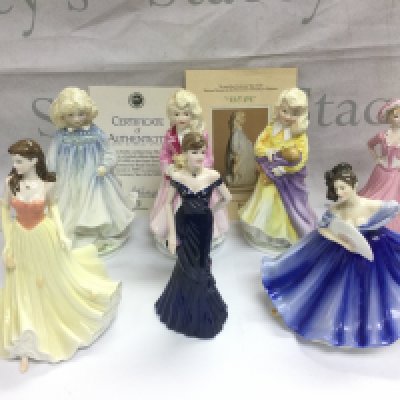 Seven Royal Doulton and Coalport figures of ladies, includes two boxed. Shipping category D.