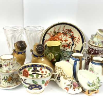 A small collection of good porcelain, and silver plated items including a nautilus shell spoon warmer.