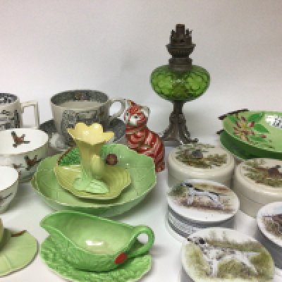 A Royal Crown Derby porcelain cat ornament a collection of Carlton ware ceramics a collection of Country game Relish Jars an Art.