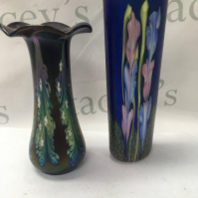 Two Okra glass vases .