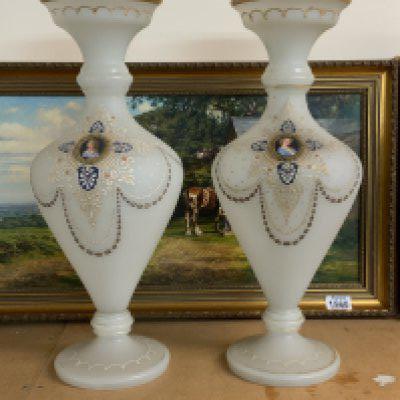 Pair Of Large Opaline Glass Footed Baluster Vases, C. 1900, The front decorated with 2 oval portrait panels, 45cm.