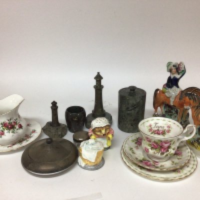 A collection of Royal Albert porcelain a pair of Victorian hand painted Staffordshire figures Serpentine marble two silver mounted jars and other ornaments.