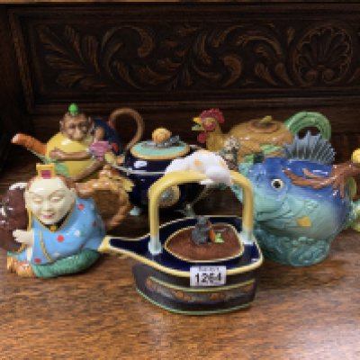 6 Minton Archive collection ceramic teapots in the style of earlier Minton Majolica teapots. (D)