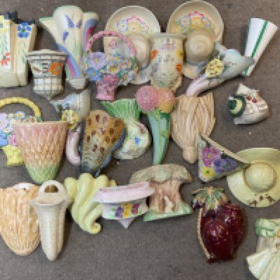 A collection of 1930s ceramic wall pockets. Inc Clarice Cliff, Shorter, Crown Ducal etc.