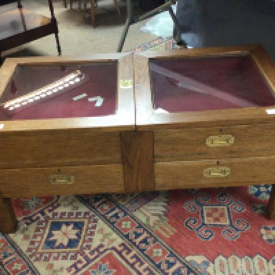 A quality bespoke made objects of virtue display table with two glazed top sections hinged with brass fittings above lined drawers. 107cm wide x 54cm