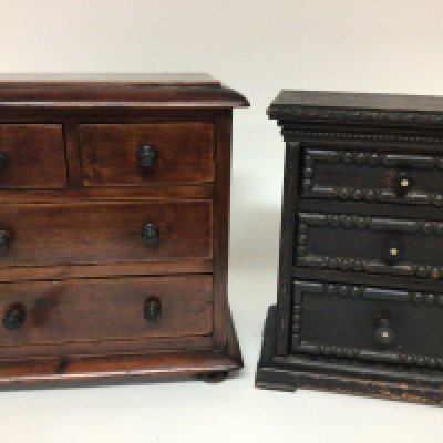 A late Victorian stained pine apprentice type chest fitted with two short and two long drawers and an ebonised chest (2) Hight 27cm