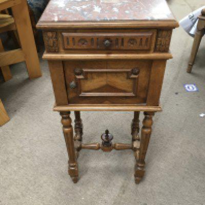 A French walnut pot cupboard with a marble top. Approx 89 cm tall.