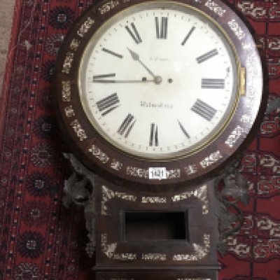A large Early Victorian mother of pearl inlaid wall clock double fusee movement maker E Fisher the clock for restoration and sold without reserve. Dial diameter 52cm