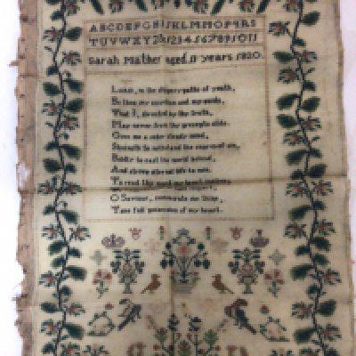 A quality early 19th century needlepoint embroidery by Sarah Mather aged 11years. With a verse alphabet and patterned border very good condition. 34x46cm. NO RESERVE