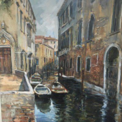A framed 20th century Acrylic oil painting study of Venice Canal with moored boats signed Jelbert and one other watercolour spring flowers a wooded landscape signed Jelbert (2) NO RESERVE
