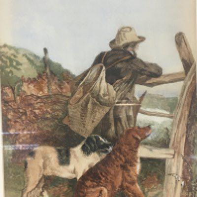 A framed watercolour late 19th century of game keeper with his dogs at a rustic gate signed and dated Louisa Turnbull 1897. 49x60cm