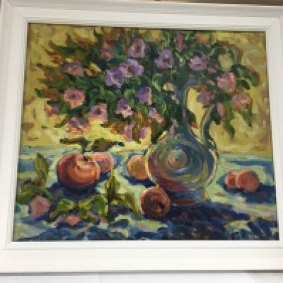 An oil on board piece by Yulia piven called 'still life with peonies', Approx size 47cmx53cm.