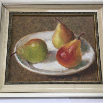 An oil on board painting by Vitaly sidorov (1922-2010), named 'still life with pairs' Approx size 24cmx30cm.