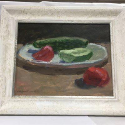 An oil on board painting by kaleri komarov (b.1947), 'named still life with vegetable' 2001. Approx size 25cm x 31cm.
