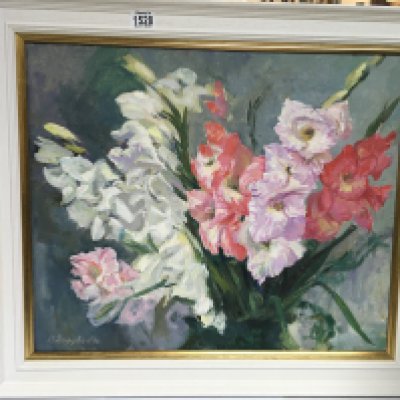 An oil on canvas piece by Natalia zaruba (1915-2008), named 'still life with gladiolus'. Approx size 50cm-60cm.