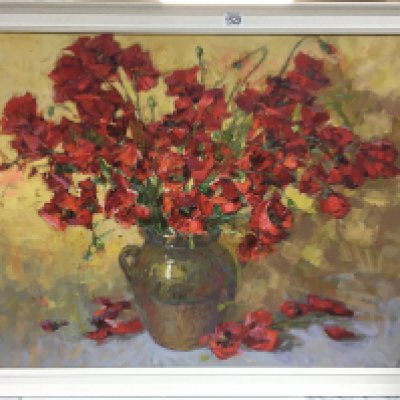 'bouquet of poppies' oil on canvas piece by Mikhail zharov. Approx size 70cmx90cm.