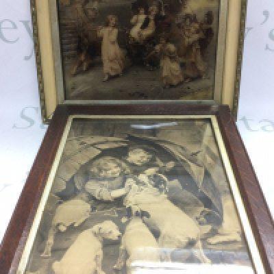 A framed crystalline picture of Victorian children at play plus two others (3). Shipping category D. NO RESERVE