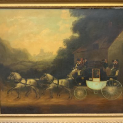 A Victorian oil on canvas painting depicting the Oxford to London Stage Coach, named carriage Robert Nelson & Christopher Waddell. 86cm x 74cm. Gilt frame.