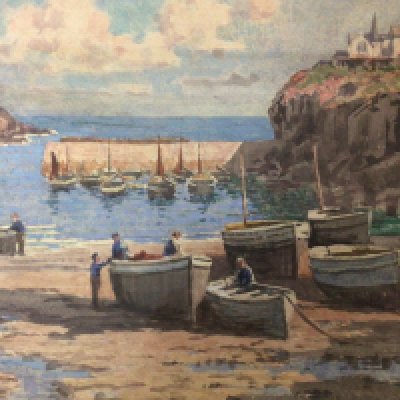 Three Cornish watercolours beach and harbour scenes signed by W.A Moody William A Moody.
