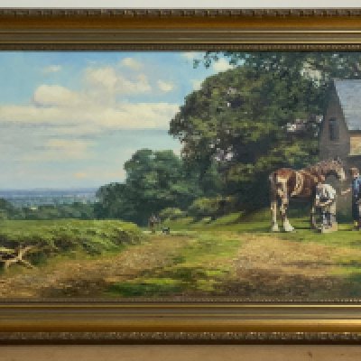 Tony Sheath 84cm x 36cm Blacksmiths shop against a landscape. (D)