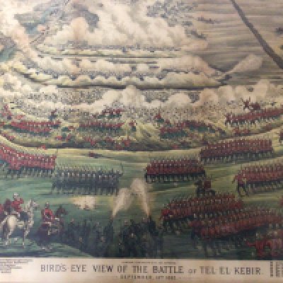 A late Victorian Military print a Birds Eye view of the battle of Tel-El-Kebir 1882 one other military print The Bombardment of Alexandria and three watercolours one attributed to John Snelling. (5)