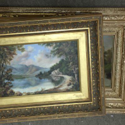 A collection of gilt framed oil on canvas paintings with several depictions of nature scenes and a framed print of a tribal figure.