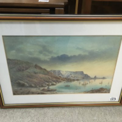 A framed gouache and watercolour study of a tug boat sun II and two coastal view paintings.