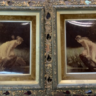 A pair of Victorian christolians with reflective views of a Nude Maiden and a Nymph