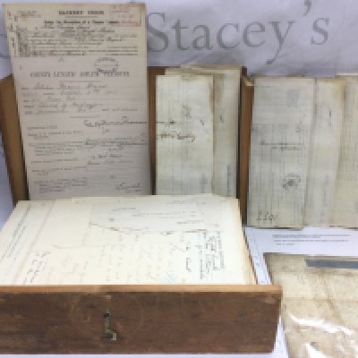 A box containing interesting antique documents including a 1732 indenture and other documents including Hackney Union County Lunatic Asylum, Claybury documentation.