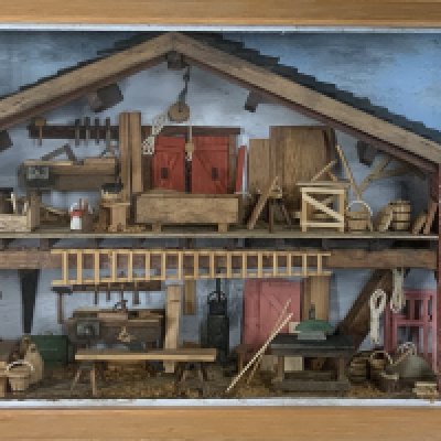 A modern cased Diorama depicting a woodworkers shop / barn. NO RESERVE