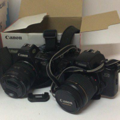 A box containing Cameras including two Canon EOS a 650 and 1000f boxed Canon telescopic lens and other cameras a pair of Russian military type binoculars and other oddments.