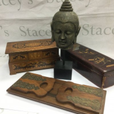 A box of oddments including an Italian jewellery box, book slide etc. Shipping category D.