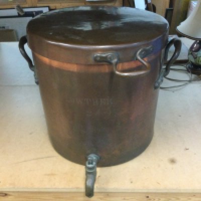 A large copper pot marked Lowther 2, approx height 42cm. Shipping category D.