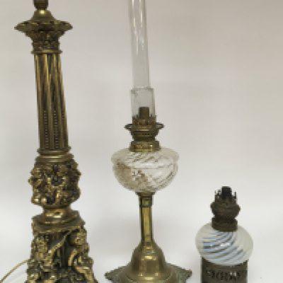 A late Victorian opaque glass oil lamp and one other brass and glass oil lamp sold without reserve and a 20th century brass lamp base. Sold without reserve (3)