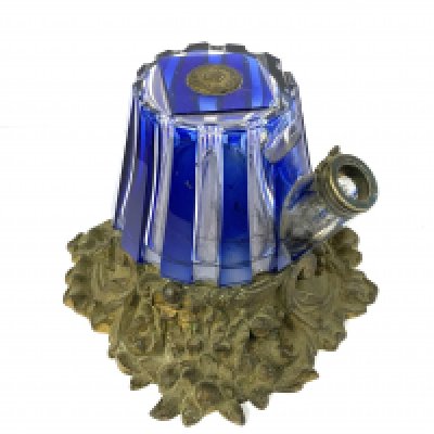 A S.Mordan & Co. Blue and clear glass inkwell mounted on gilt metal floral base. 10cm