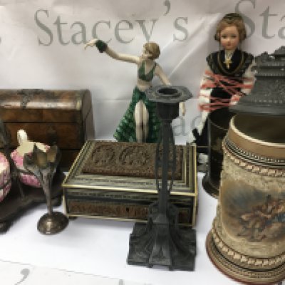 A box containing ceramics a small Victorian stationery box and ceramics .