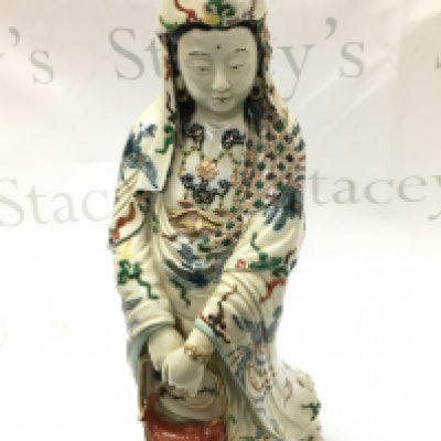 A large Cantonese Guan Yin porcelain figure, damaged fish tail. 45cm tall. This lot cannot be posted
