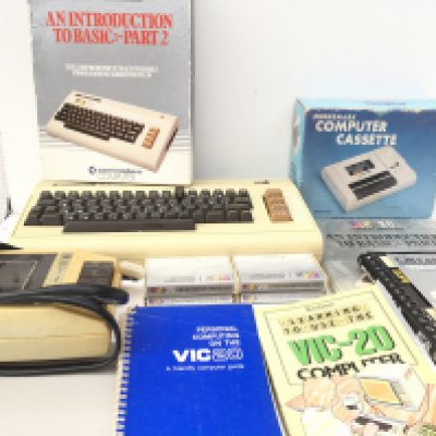 A Commodore VIC-20 computer includes cassette players, cassettes and manuals. No reserve.