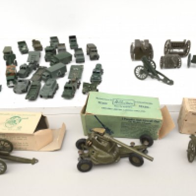 A collection of Playworn military diecast vehicles includes 3 boxed items .manufacturers include Britains ..Lesney etc. no reserve