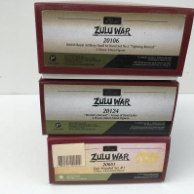 3x boxed Minature Military models by Britain in the Zulu War series. Featuring 20106 Fighting Retreat..20124 Martinis Harvest..and 20051 Zulu Wounded set. Limited edition with certificate. No reserve