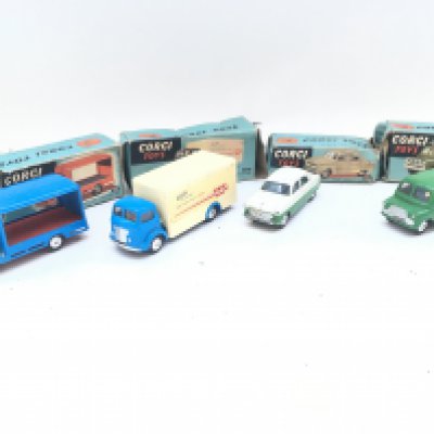 4 Boxed Corgi Toys. A Karrie Bantam Two Tonner #455. A Commer Walls Refrigerator Van #453. A Ford Consul Saloon #200 and a Bedford Utilecon AFS Tender #405 ( Missing Ladder). Boxes In Various States.