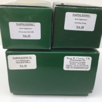 3x boxed King and Country Minature military figures in the Napoleonic series featuring the 42nd Highlanders NA48 Standing Fire and NA55 Advancing with Rifle. Also includes 71st Highlaner NA10 Mounted officer. No reserve