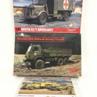 A group of 3 boxed unstarted model kits including Academy No. 13401 German Fuel Truck. ICM No35001 Soviet six wheel army truck Airfix A1375 Austin K2Y Ambulance. No Reserve