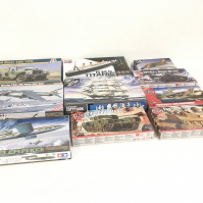 A Collection of 10 boxed unstarted model kits by Italeri..Airfix..Tamiya..Mister..MCP and Academy. Mainly military themed. No reserve.